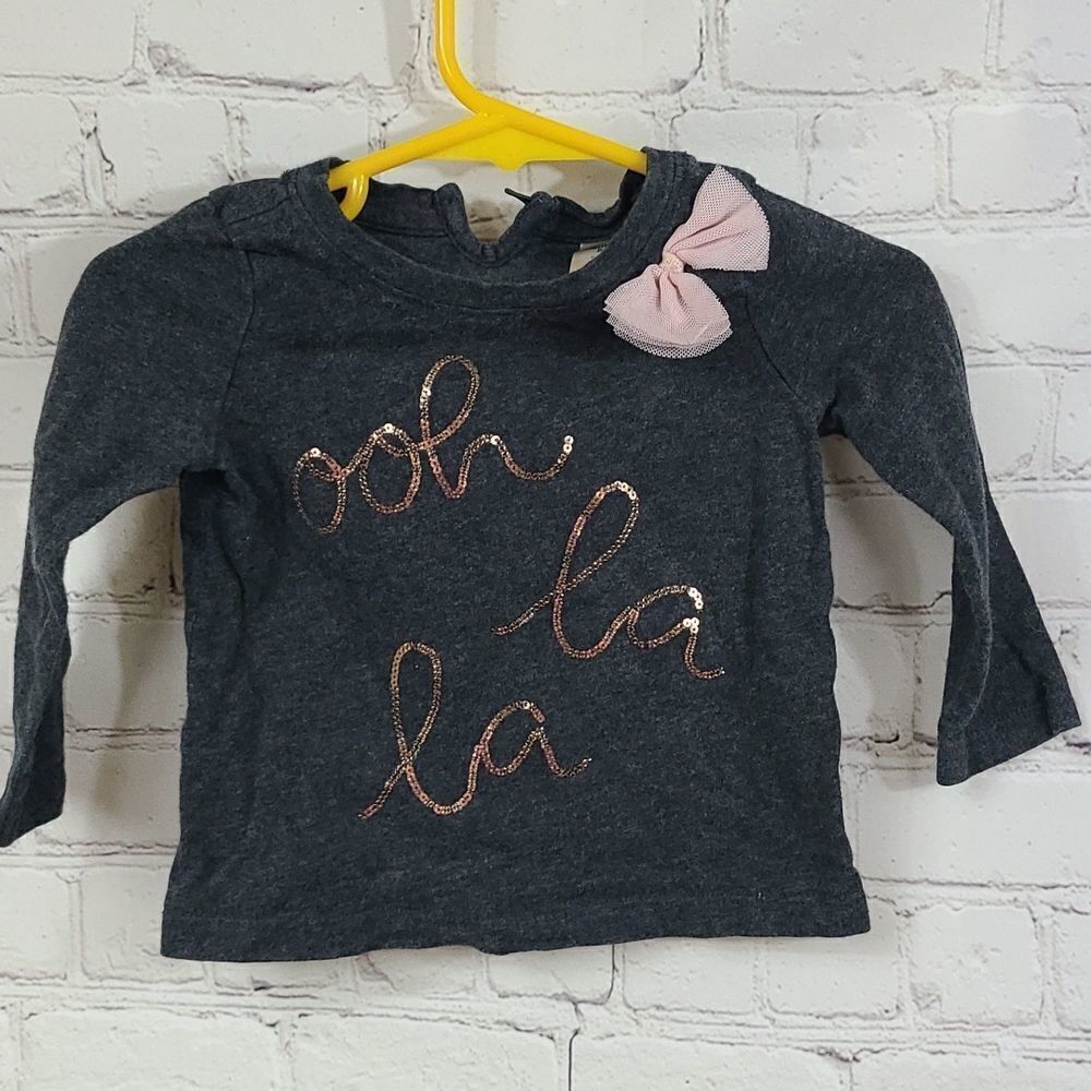 OshKosh Baby Girl Ooh La La Sequins Long Sleeve Tee Gray Cotton T-Shirt Pink Bow
